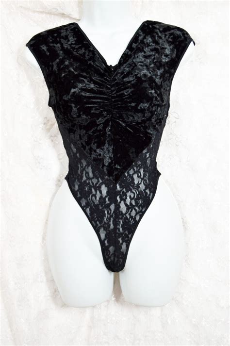 Vintage Black Velvet Bodysuit Leotard Panty Teddy S M Gem