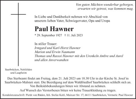 Traueranzeigen Von Paul Hawner Saarbruecker Zeitung Trauer De