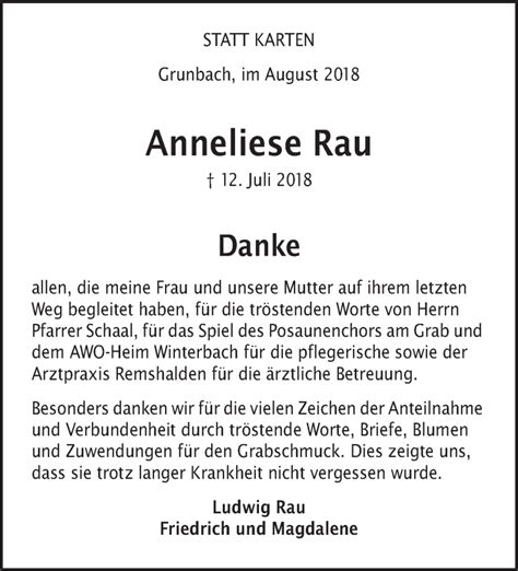 Traueranzeigen Von Anneliese Rau Zvw Trauer