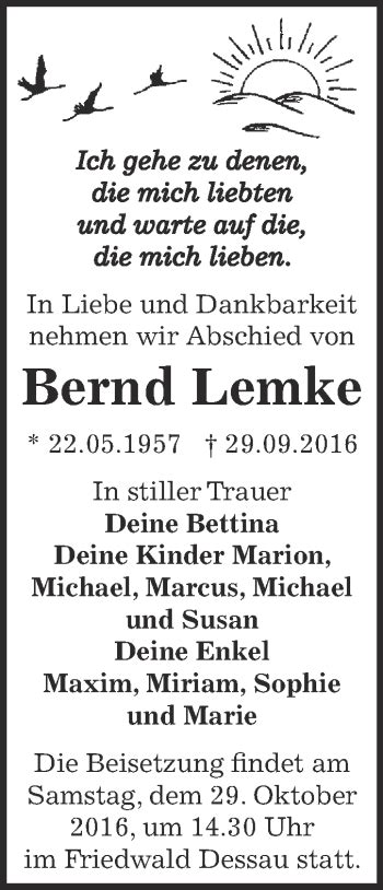 Traueranzeigen Von Bernd Lemke Abschied Nehmen De