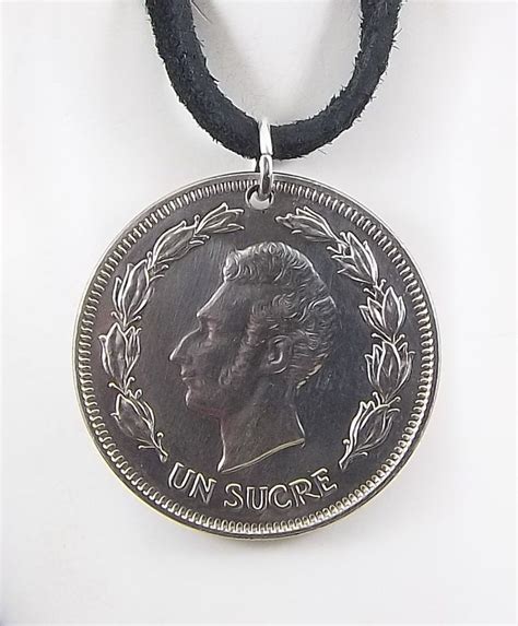 Vintage Ecuador Coin Necklace Sucre Pendant With Leather Cord