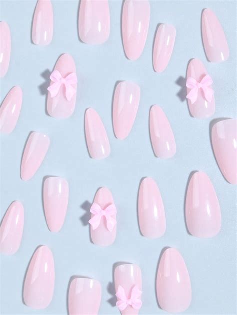 Elevate Your Style With 24pcs Press On Nails Long Almond Pink Bowknot