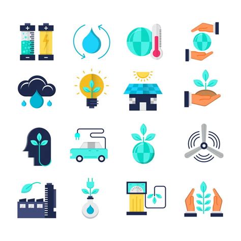 Ecology Flat Icons Set Battery Clean Energy Eco Friendly PNG And