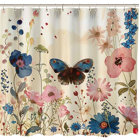 Watercolor Butterfly And Floral Garden Shower Curtain Ivory Background