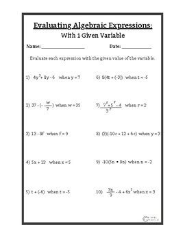 Evaluating Expressions With Given Variable Worksheets Pack Grades