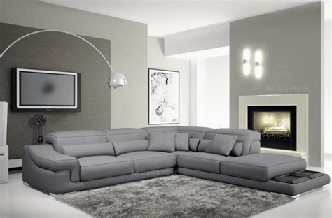 Canapé d angle en cuir italien 6 places belino gris clair Mobilier Privé