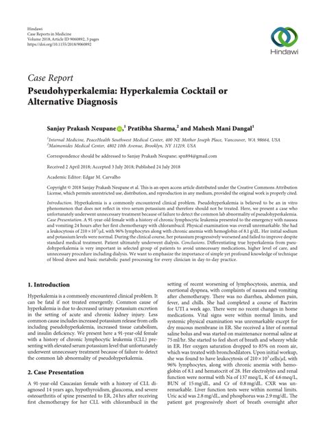 Pdf Pseudohyperkalemia Hyperkalemia Cocktail Or Alternative Diagnosis