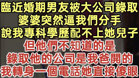 臨近婚期男友被大公司錄取！婆婆突然逼我們分手！說我專科學歷配不上她兒子！但他們不知道的是！錄取他的公司是我爸開的！我轉身一個電話她直接傻眼！ 落日溫情 幸福生活 為人處世 生活經驗 情感故事