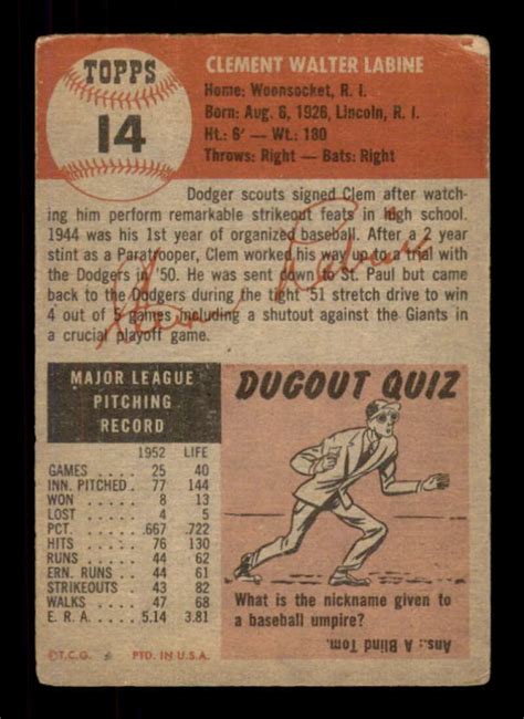 1953 Topps 14 Clem Labine G Dodgers DP 556432 EBay