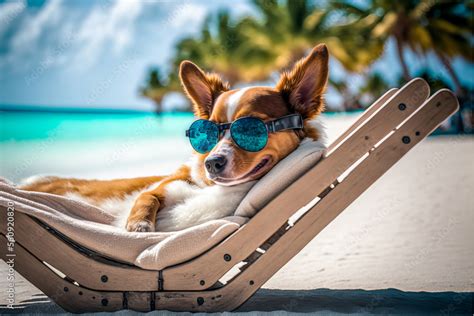 AI generated of funny dog with sunglasses sunbathing on a beach during ...