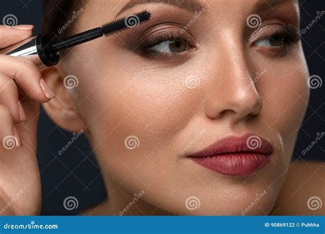 Beauty Woman Makeup Beautiful Woman Applying Black Mascara Stock Photo