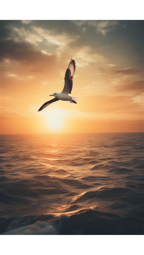 Seagull Flying Over Ocean Sunset Sky Nature Art Seagulls Flying