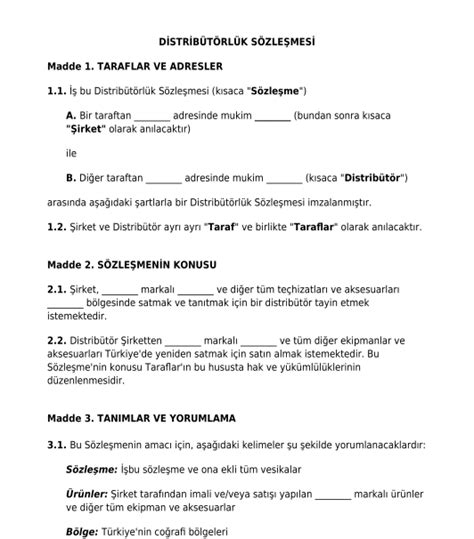 Distribütörlük Sözleşmesi örnek şablon Word ve PDF