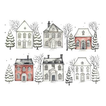 Illustration Of Houses Christmas Greeting Card Set Of Hand Drawn