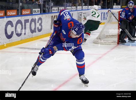 Ska Hockey Club Player Alexander Nikishin No 21 Seen In Action During The Kontinental Hockey