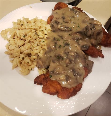 Chicken Schnitzel W Mushroom Sauce And Spätzle Seriouseats