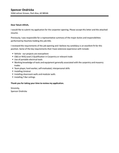 Carpenter Cover Letter Velvet Jobs