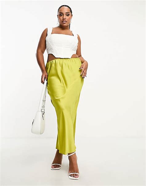 Asos Design Curve Satin Bias Midi Skirt In Chartreuse Asos