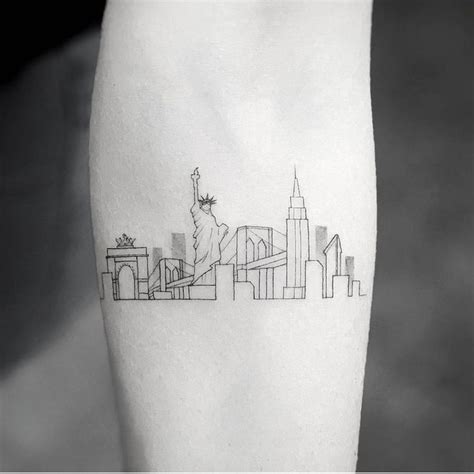 Fine line NYC skyline tattoo on the inner forearm. | New york tattoo ...