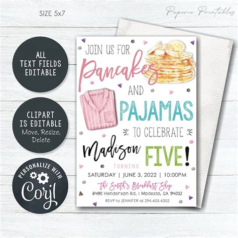 Editable Pancakes And Pajamas Birthday Invitation Pancake And Etsy