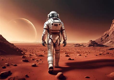 Lone Astronaut Walking On The Red Soil Of The Planet Mars Stock