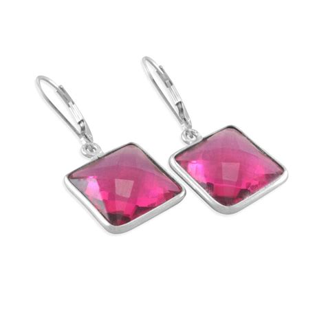 Pink Square Gemstone Earrings Sterling Silver Bright Pink