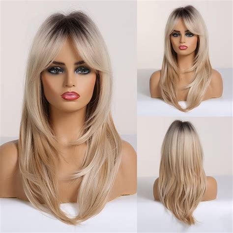 Magqoo Blonde Wig For Women Blonde Layered Wig Dark Roots