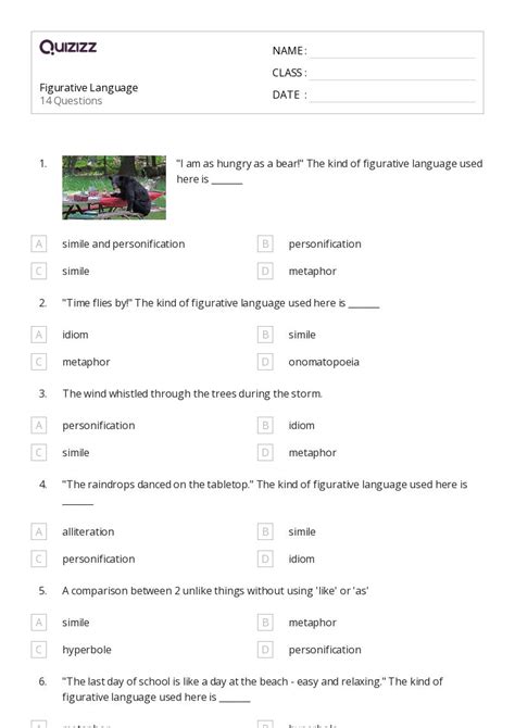 Figurative Language Worksheets For Th Class On Quizizz Free