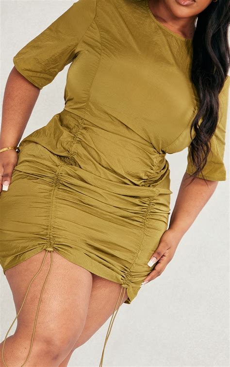 Plus Dark Olive Nylon Ruched Bodycon Dress Plus Size