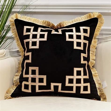 Avigers Luxury Black Decorative Pillow With Tassels 18 X 18 Inches Square Chain