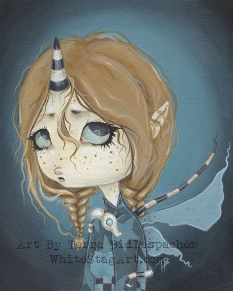 Fairy Goth Dragon Girl Lowbrow Big Eye Fantasy Art Print Blue