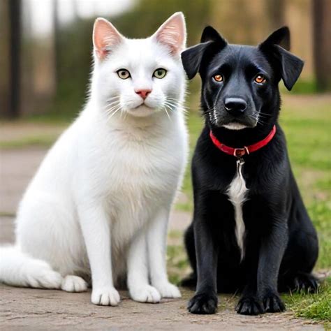 A White Cat And A Dog Sit Next To Each Other On A Path Premium Ai