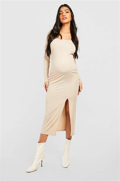 Womens Maternity Rib Square Neck Split Midaxi Dress Boohoo Uk