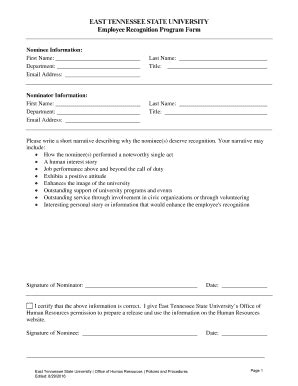 Fillable Online Etsu Employee Recognition Program Form Etsu Edu Fax