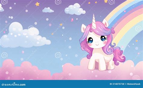 Cute Unicorn With Rainbow In The Sky Vector Cartoon Illustration Stock Vector Illustration Of