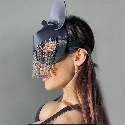 Womens Leather Halfface Fox Masquerade Mask With Sexy Tassels For