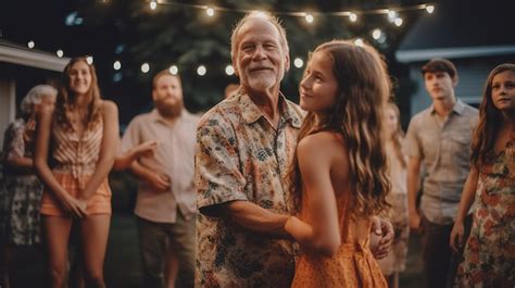 Un hombre y una niña bailan en un patio trasero con luces de cuerda que