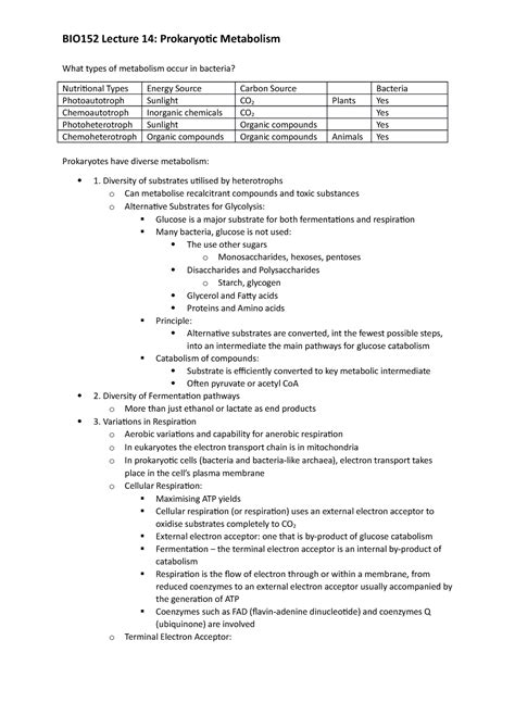 Bio152 Lecture 14 Prokaryotic Metabolism Bio152 Lecture 14