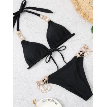 Emmiol Free Shipping 2024 Rhinestone Decor Halter Bikini Set Black S In