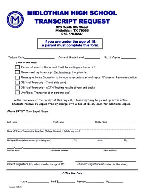 Fillable Online Midlothian Isd Midlothian Isd Transcript Form Current