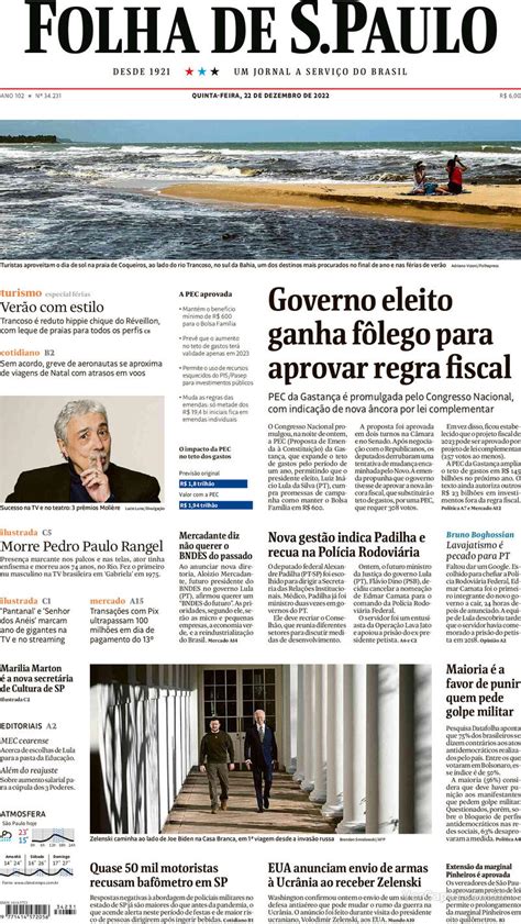 Capa Folha de S Paulo Edição Segunda 14 de Novembro de 2022