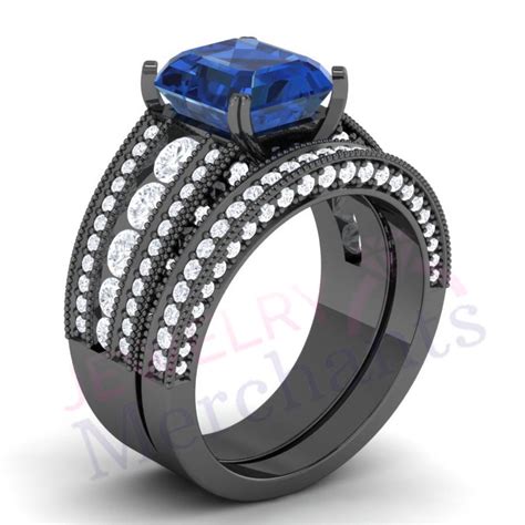 Anillo nupcial de zafiro azul set 3 15 Ct hombre hecho corte Etsy España