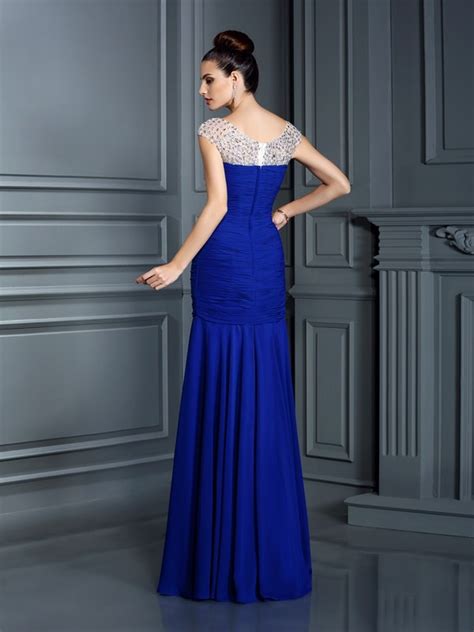 Trumpet Mermaid Scoop Beading Sleeveless Long Chiffon Dresses Hebeos