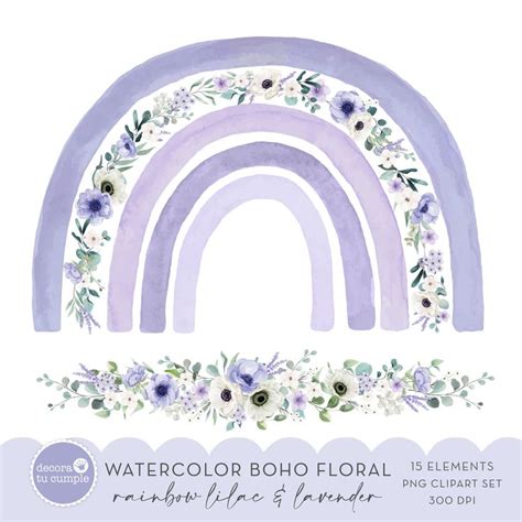 Purple Boho Rainbow Floral Watercolor Lilac And Lavender Clipart Set