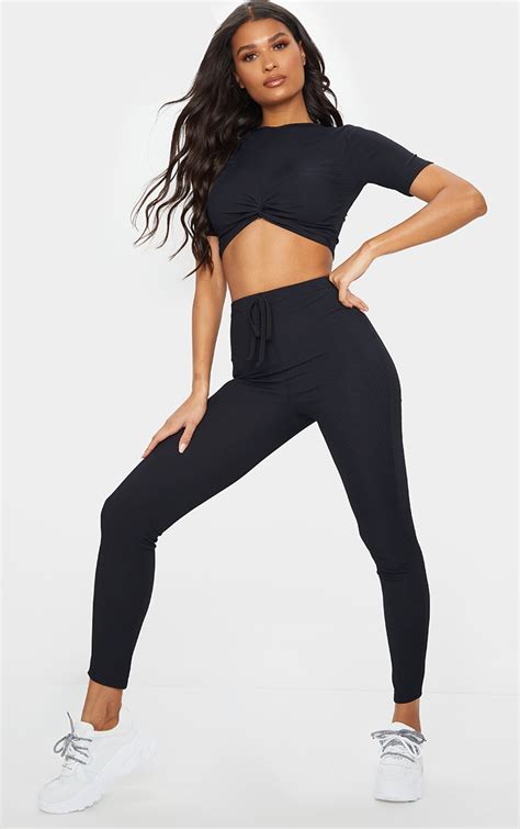 Black Rib Twist Front Crop Top And Leggings Set Prettylittlething Aus