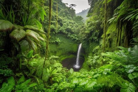 Premium Ai Image Majestic Waterfall Cascading Into Lush Jungle Valley