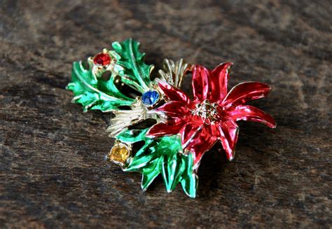 Vintage Signed Bj Beatrix Poinsettia Brooch Colored Rhinestones Floral