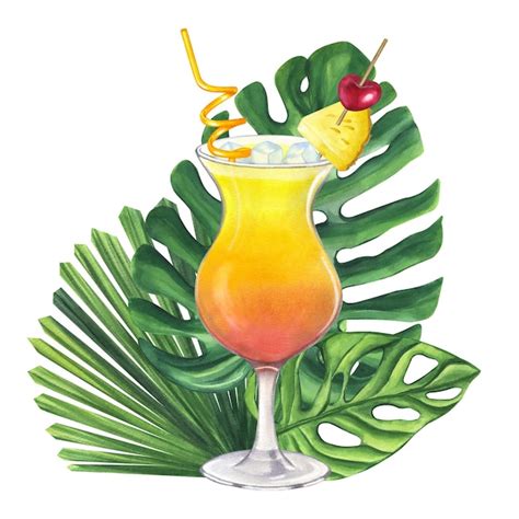 Premium Photo Cocktail Sex On The Beach Tequila Sunrise Tropical Leaves Monstera Licuala