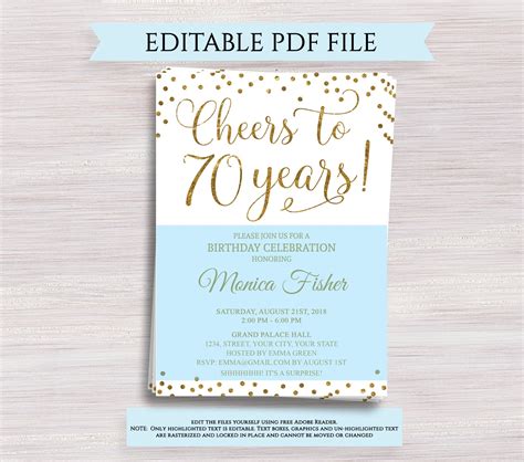 Editable 70th Birthday Party Invitation Template Cheers To 70 Etsy