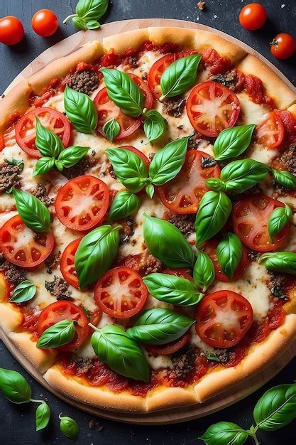 Premium Photo A Pizza With Tomatoes Basil